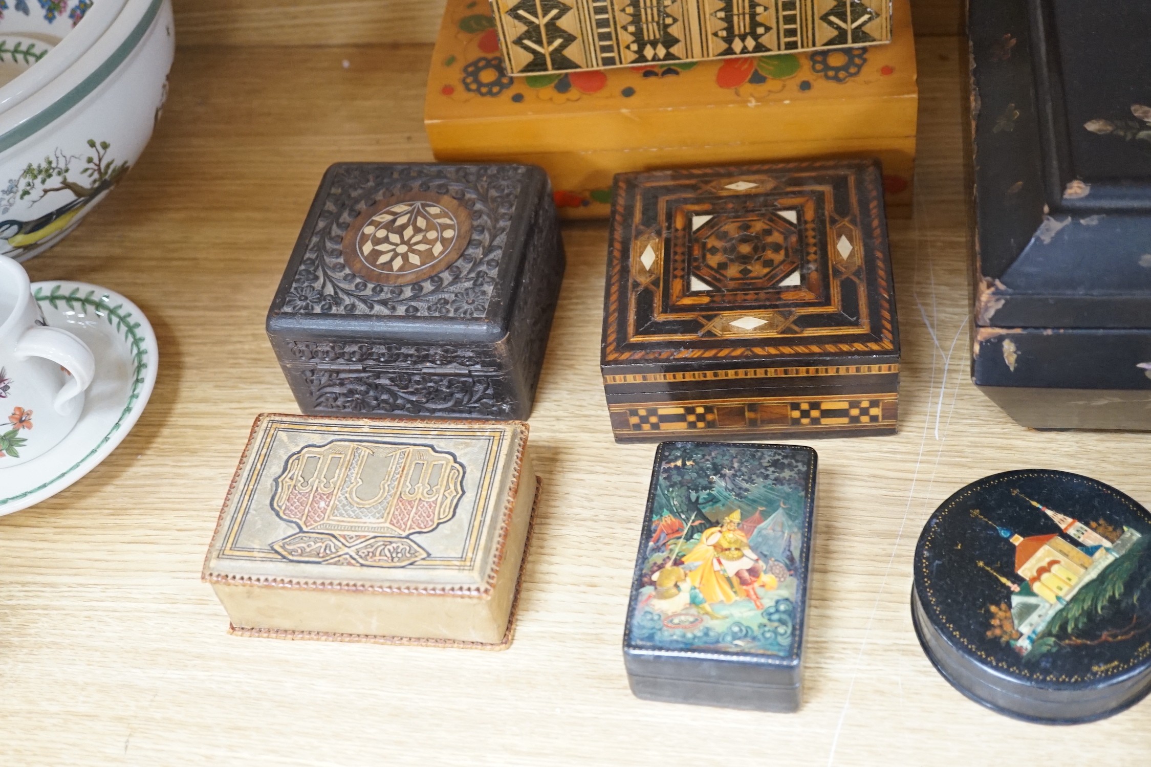 Three Russian papier mache boxes and assorted other boxes